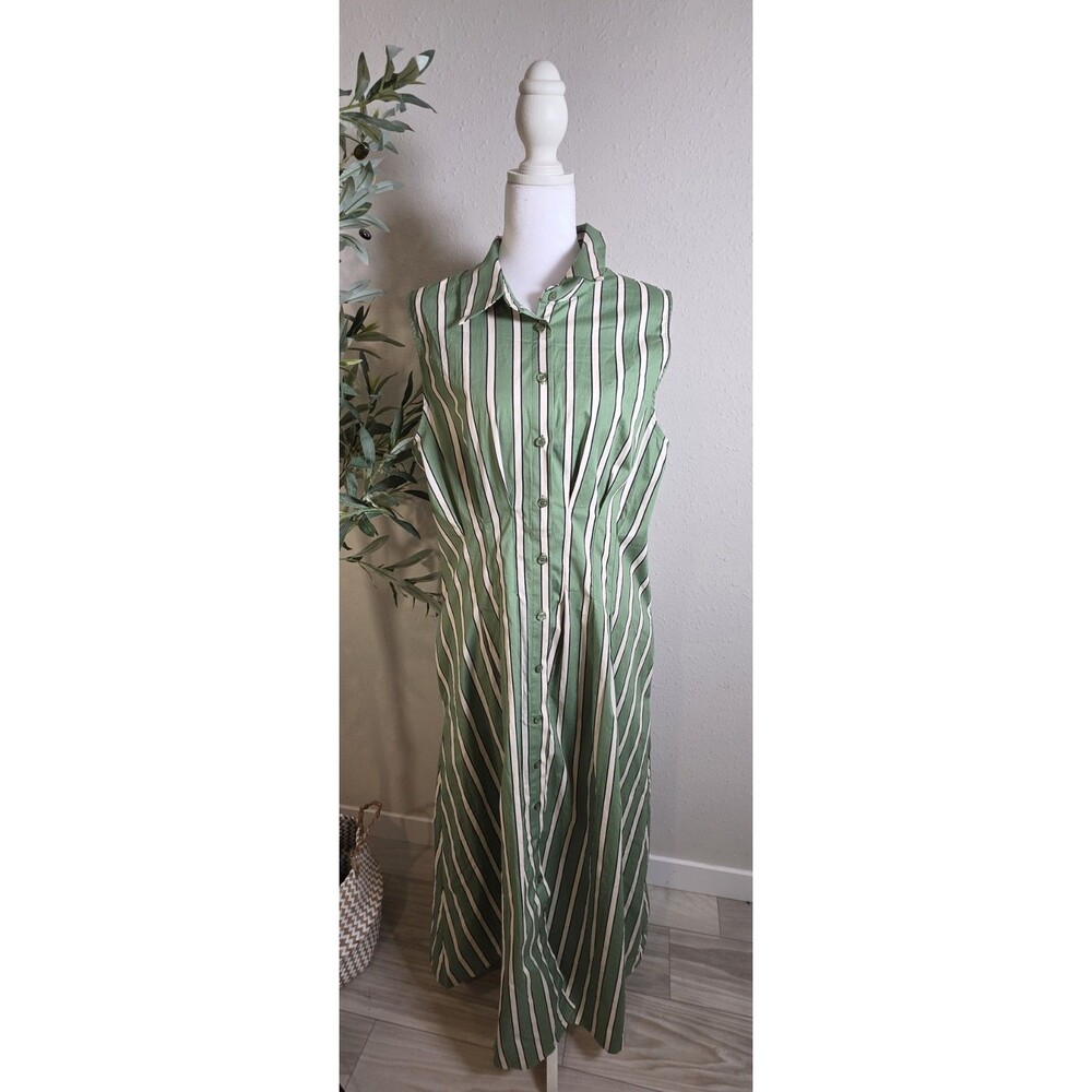 Rachel Zoe Green Ivory Striped Maxi Shirt Dress XL Button Front Coastal Resort